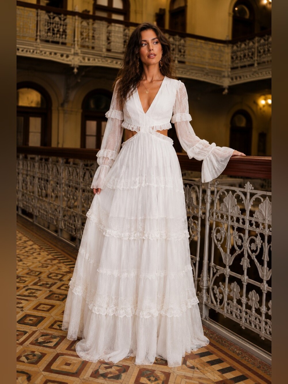PatBo White Cutout Lace-Trim Linen V-Neck Maxi Dress –‎ Women’s Designer Dress